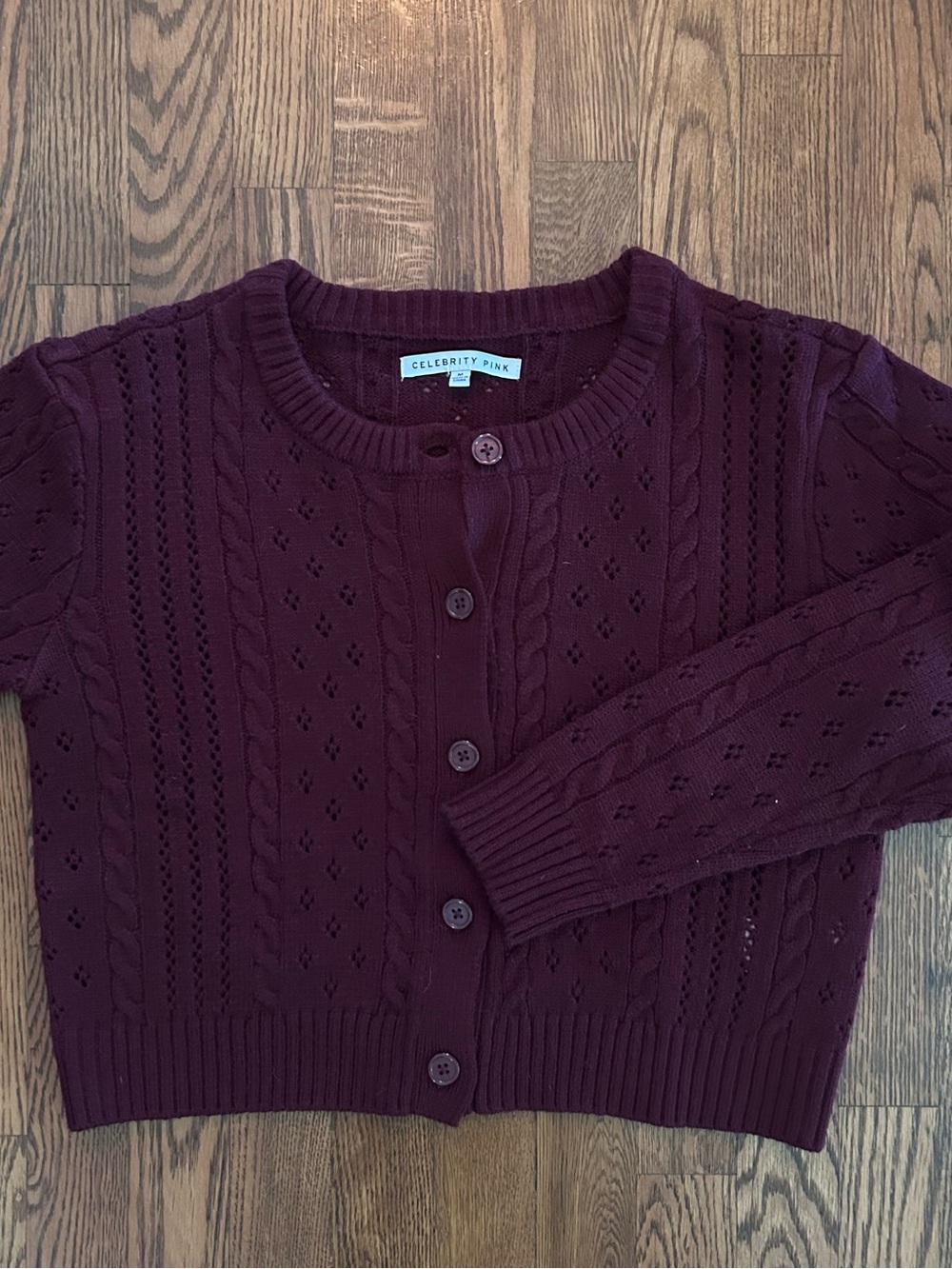 Celebrity Pink Women's Burgandy Button-Up Cable Cropped Cardigan NWOT
